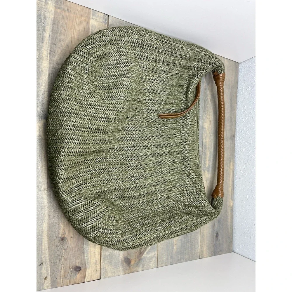 Lucky Brand Purse Olive Green Brown Leather  Handle Bag Fiber Woven Hobo EXC